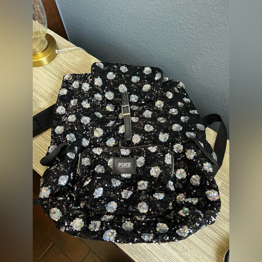 PINK Victoria's Secret Black and Silver Sequin Backpack